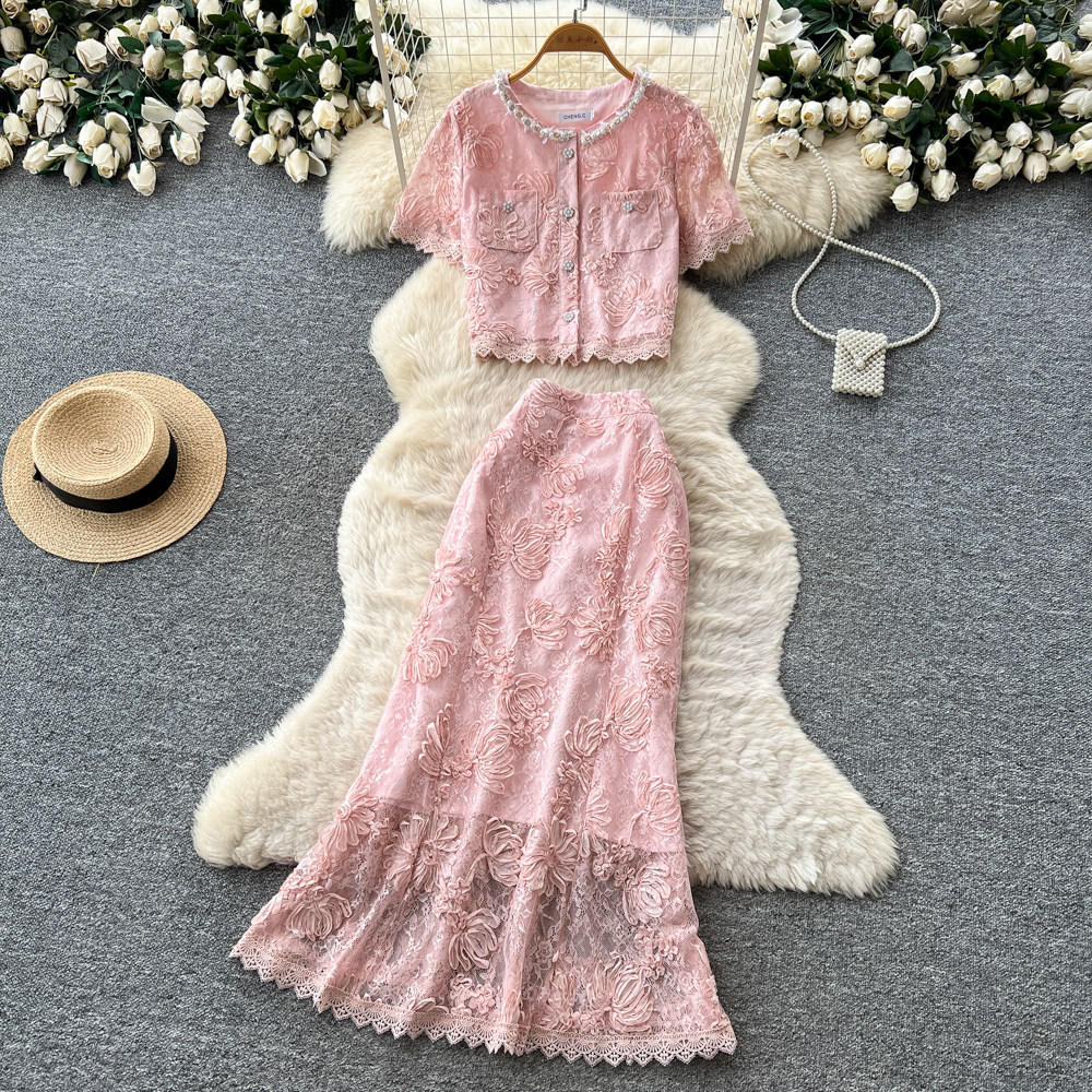 French Style Lace Patchwork Top And Skirt Set for Women Sexy Slimming Temperament Two-Piece Summer Outfit_ecoleips.com