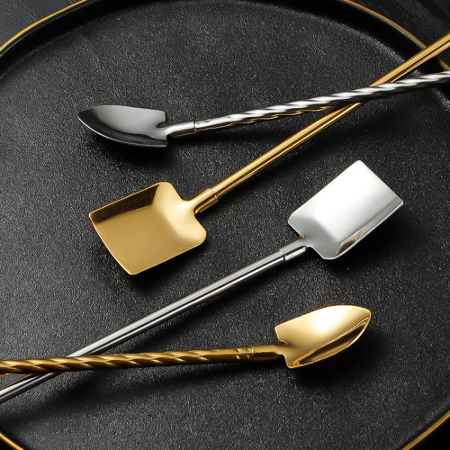 Cross-border 304 stainless steel straw spoon creative threaded watermelon spoon milk tea coffee dessert square spoon pointed spoon stirrer