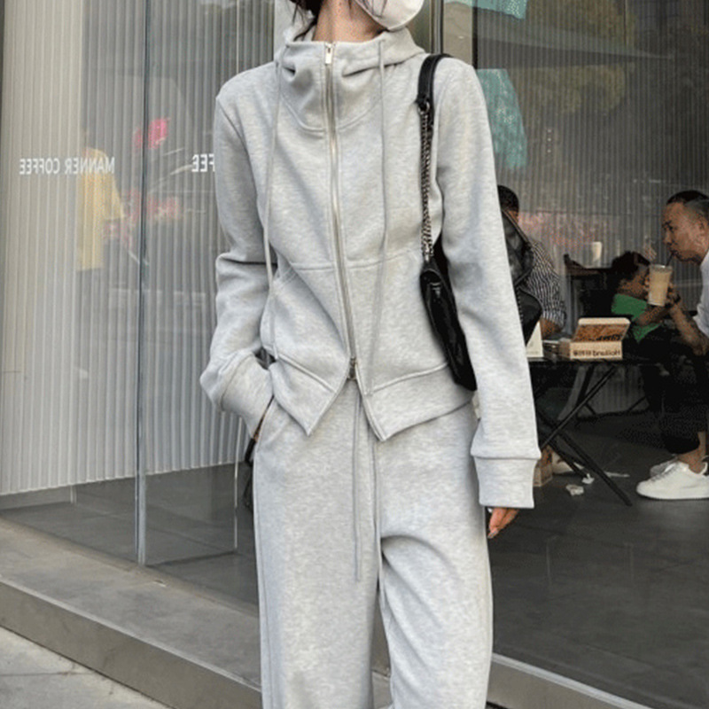 休闲运动套装女2025新款秋季慵懒风宽松连帽灰色卫衣阔腿裤两件套|undefined