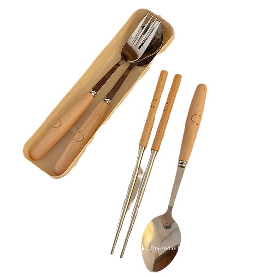 Cute Smiley Chopsticks Spoon Fork Tableware Set Wooden Handle Stainless Steel Three-piece Set Student Children Adult Portable