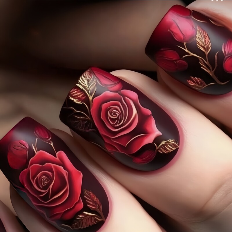 Valentine's Day Red Rose Cute and Sweet Short European Square Oil Painting Style Gentle Flower Fashion Whitening Fake Nails