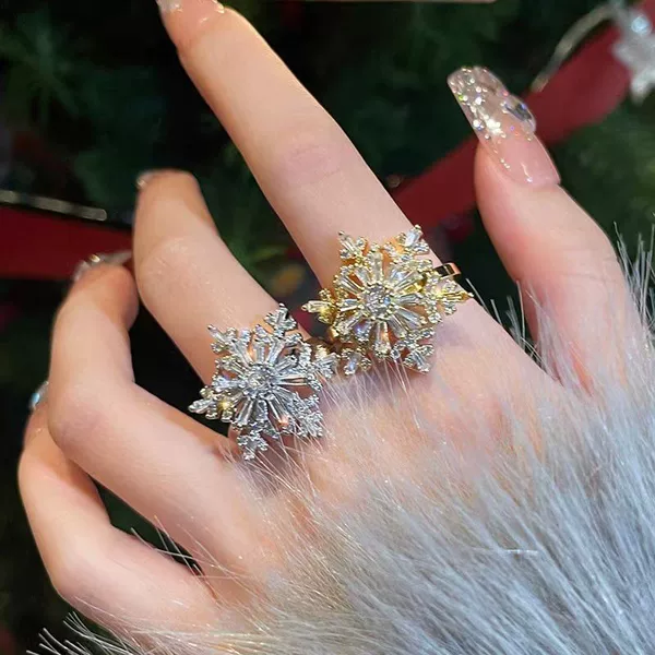 Internet Celebrity New Rotating Double Layer Zircon Snowflake Ring Women's High-end Light Luxury Niche Open Ring Jewelry Wholesale