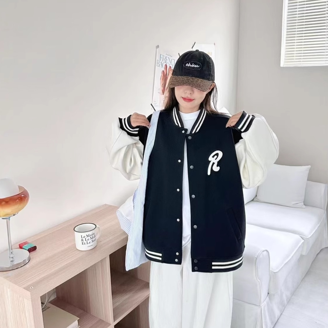 美式棒球服女秋季新品开衫刺绣撞色字母设计感休闲宽松夹克外套女