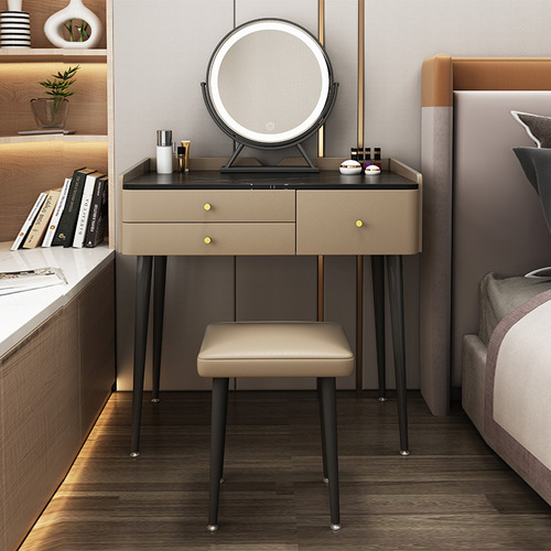 Modern minimalist luxury stone slab vanity table with mirror, makeup vanity with storage, integrated bedroom dressing table