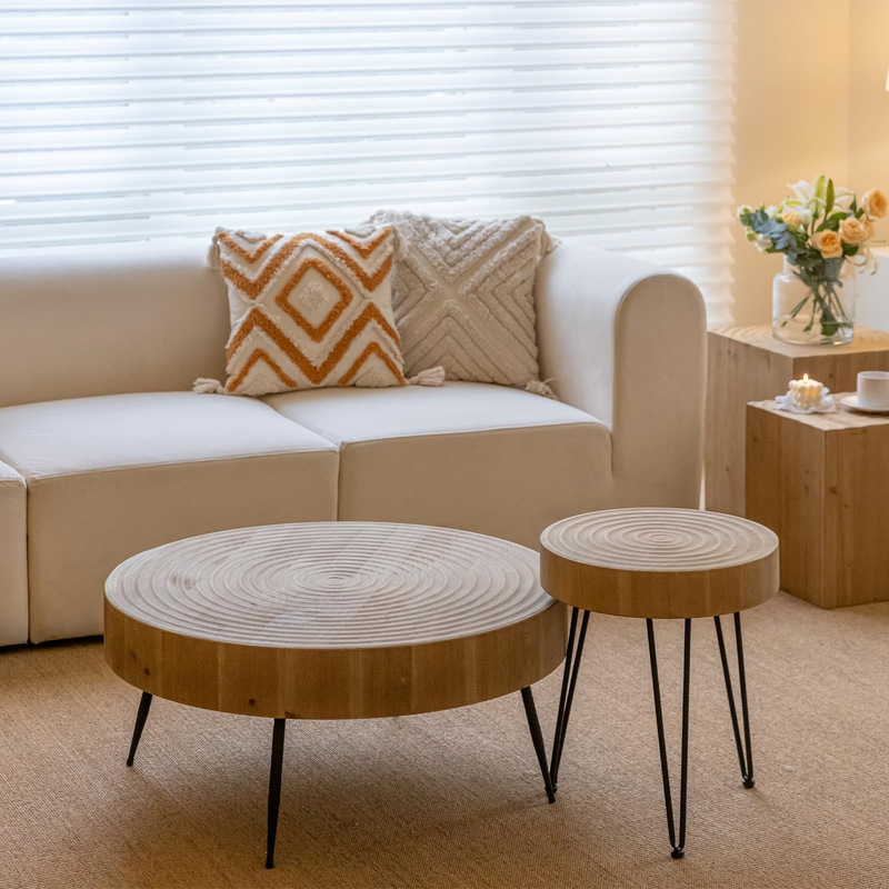 Factory Hot-Selling Bohemian Farmhouse Style Nesting Coffee Table, Handmade Wooden Ring Pattern, Round Natural Finish