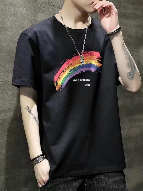 Todo fósforo Wukong está en stock marca de moda estilo de Hong Kong estampado de arco iris manga corta hombre hip-hop calle suelta ins pareja camiseta top