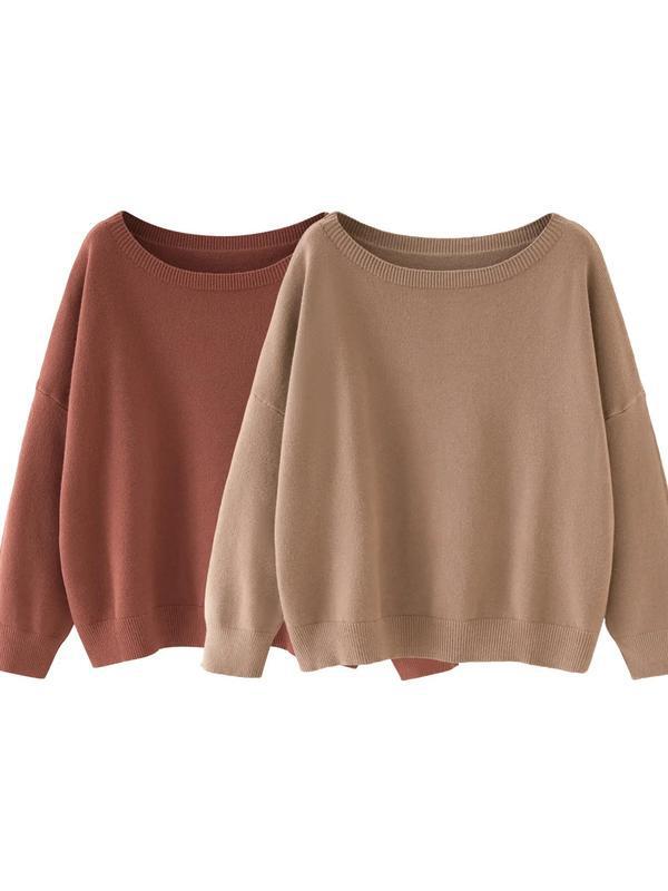 Women's Plain Scoop Neck Sweater Casual Drop Shoulder Long|undefined