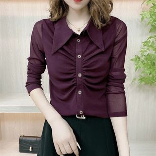Xiluanmei 2025 Spring Style Slim Long-Sleeved Shirt Slimming Look Lapel Pleated Mesh New Style