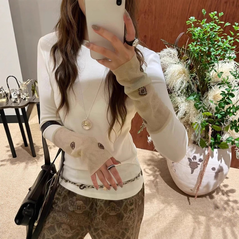 Ice Designer Brand 25 Early Autumn New High-End Cuff Splicing Beaded Long-Sleeved T-Shirt Bottoming Shirt Top for Women