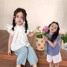 儿童洋气气质小立领短袖2024夏季女童韩版法式荷叶花边小飞袖衬衫