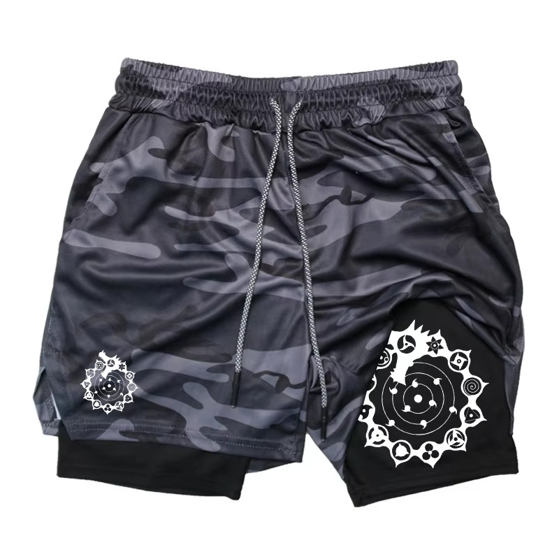 Men's Printed 2-in-1 Sports Shorts, Gym and Running Style, with Mobile Phone Pocket and Towel Ring
