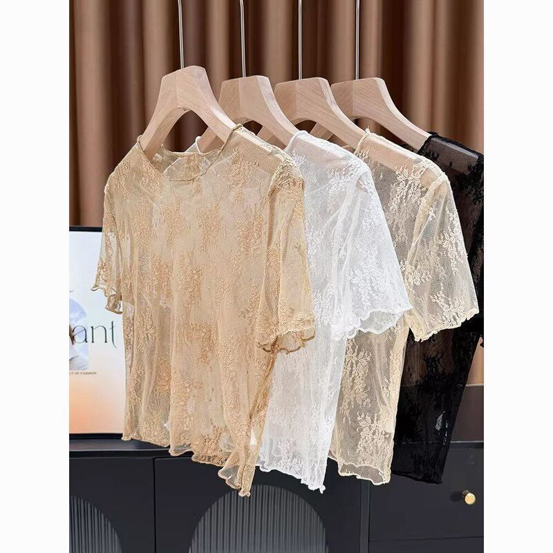 Ruffled lace shirt, short-sleeved T-shirt for women, hollow-out suspender skirt, paired with a sun-shading short-sleeved transparent mesh top