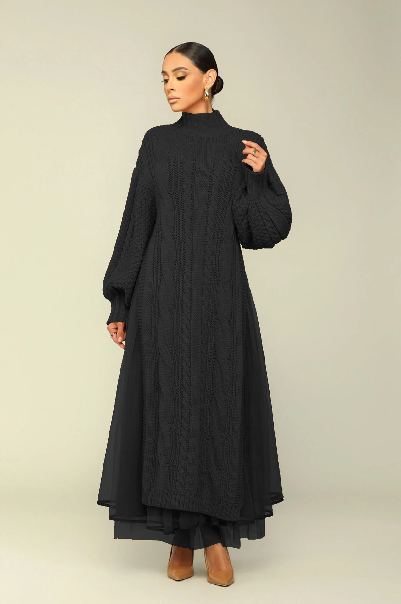Robe pull femme ensemble deux pièces manches lanterne et col montant_voghion.com