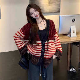 慵懒风红色条纹中长款开衫毛衣外套女冬季小香风宽松软糯针织上衣