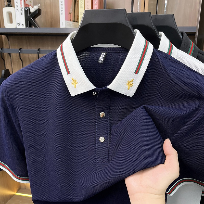 New Summer Men's Short-Sleeved Lapel Imitation Cotton Polo Shirt Casual Men's Top Cool Breathable Embroidered T-Shirt