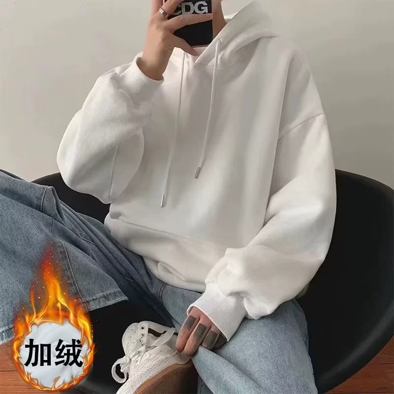 Однотонный свитер с капюшоном, Мужская Новинка 2023 осень-зима, бархатная куртка с капюшоном, пуловер, свободная универсальная Базовая рубашка, большие размеры