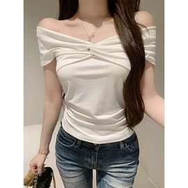 辣妹新款白色一字肩T恤弹力女2025年舒适显瘦上衣褶皱扭结短袖t恤