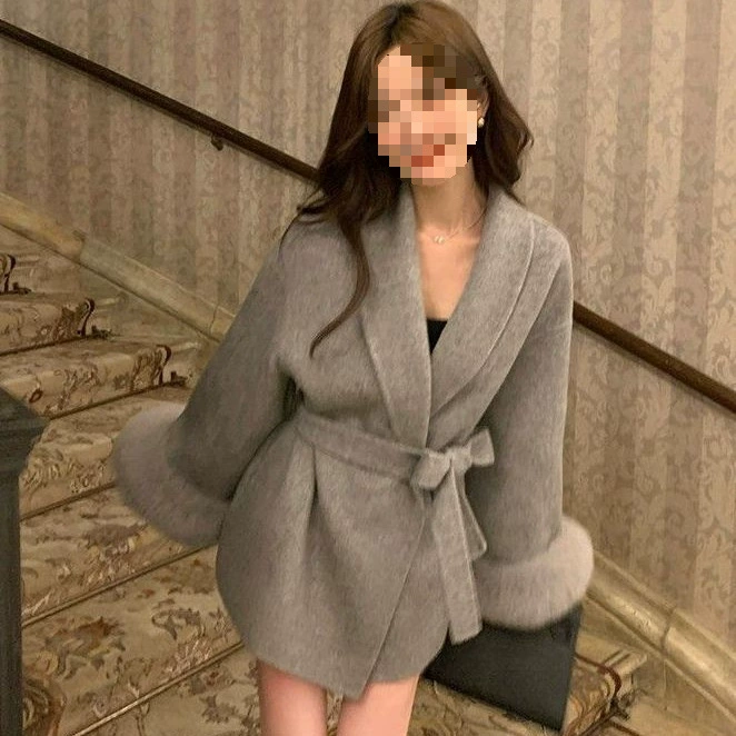 轻奢狐狸毛袖双面呢羊绒大衣女秋冬新款法式气质呢子毛呢外套