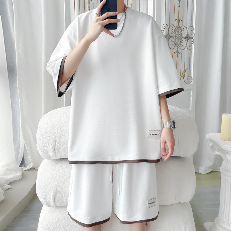 Summer Ice Silk Sports Casual Suit, Thin Stylish Trendy Men's Clothing, Loose Short-Sleeve T-Shirt And Shorts Two-Piece_voghion.com