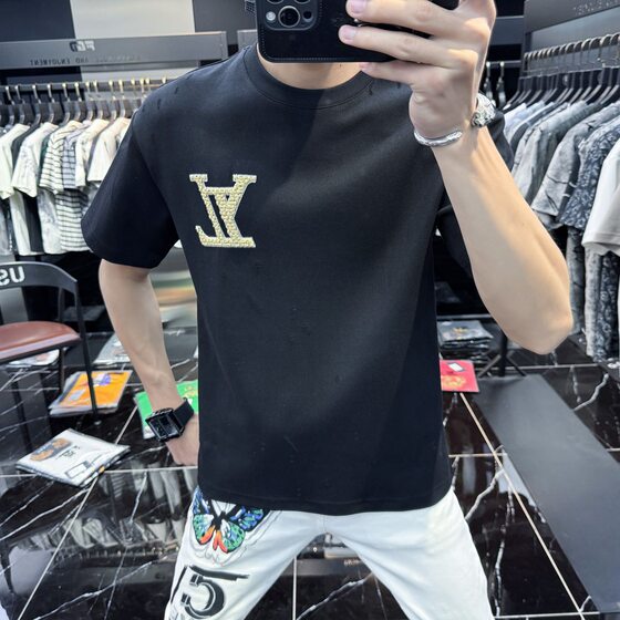 European Station Men's High-end Hole Embroidered Short-sleeved T-shirt Fashionable Brand Breathable 2025 New Arrival Summer Half-sleeved Men's
