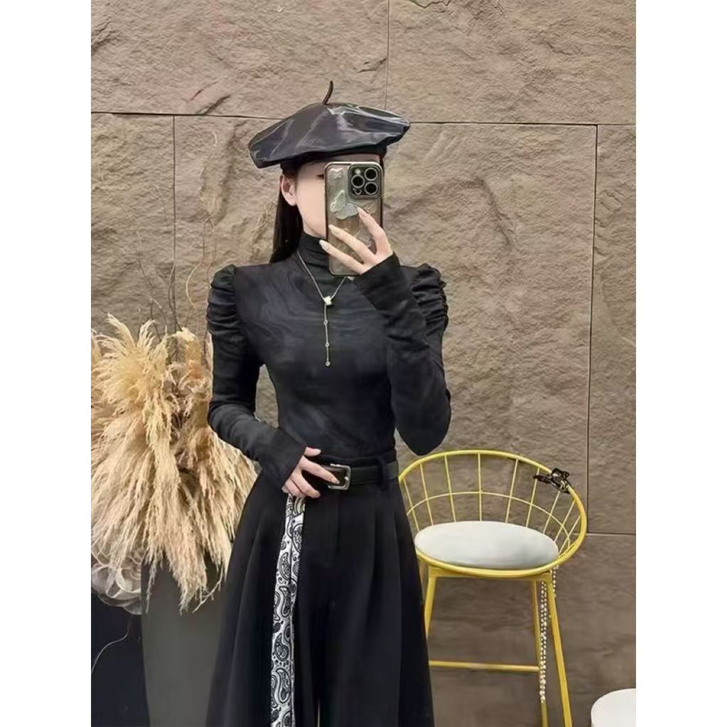 2025 New Autumn and Winter French Tie-Dye Half Turtleneck Puff Sleeve Bottoming Shirt T-Shirt Slimming Look Inner Top for Women