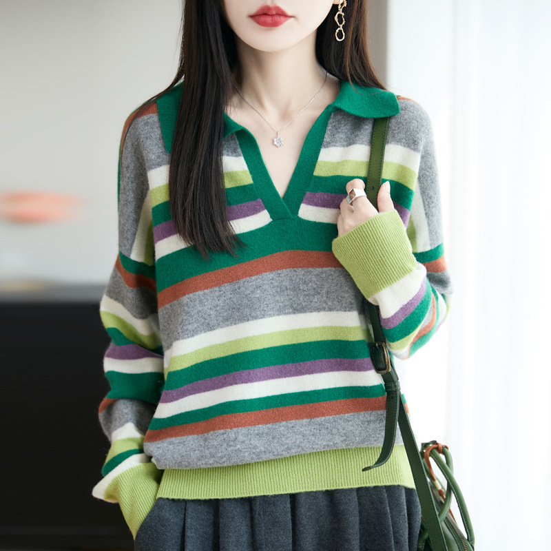 2025 New Autum Pure Wool Knitted Bottoming Shirt Women's Scissor Collar Pullover Colorful Stripesd Long-Sleeved Loose Sweater