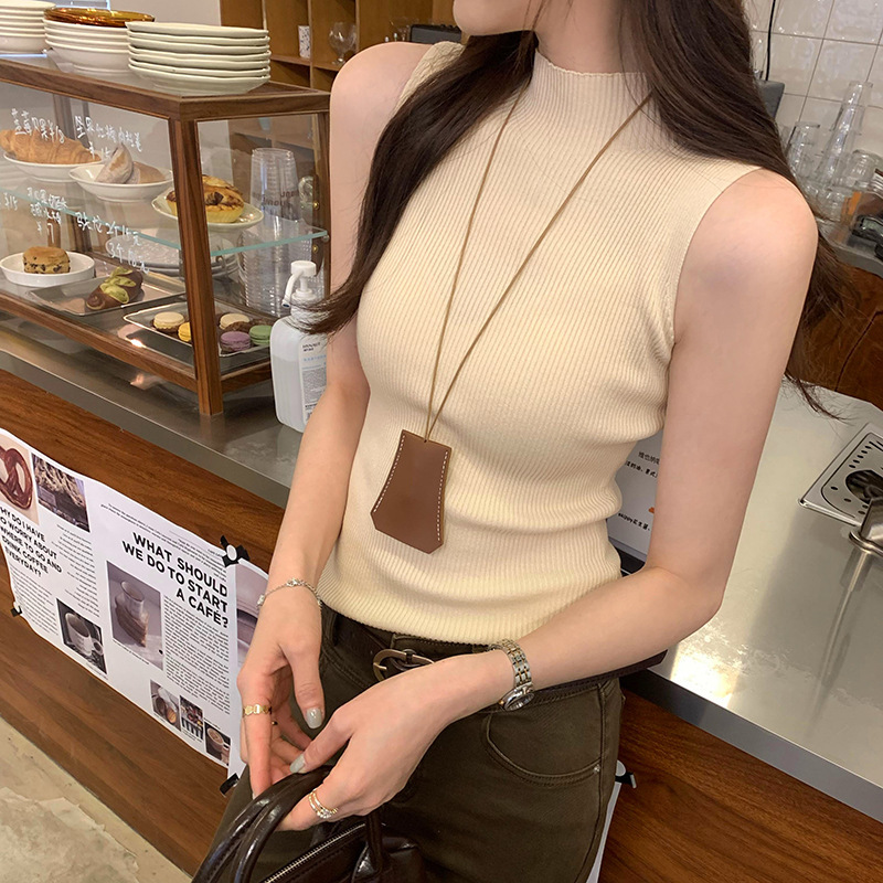 Solid Color Chic Elegant Half-High Collar Shoulder Slimming Sleeveless Sweater Women's Summer Inner Base Vest Top Solid Color Chic Elegant Half-High Collar Shoulder Slimming Sleeveless Sweater Women's Summer Inner Base Vest Top