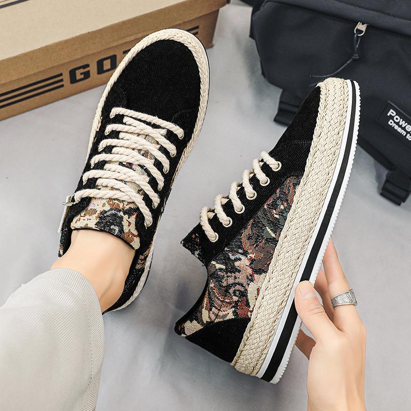 Men's Four Seasons Shoes Fashionable Straw Corduroy Fisherman Shoes Fashionable Youth Breathable Board Shoes Korean Canvas Shoes for Men