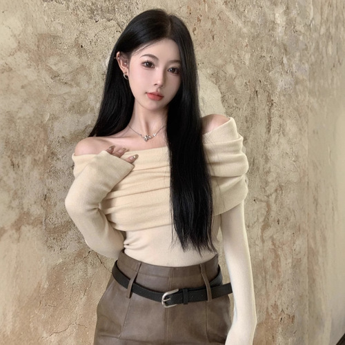 Gentle Clavicle One-Shoulder Pink Knit Sweater for Women - Autumn New Arrival Basic Crew Neck Off-the-Shoulder Top