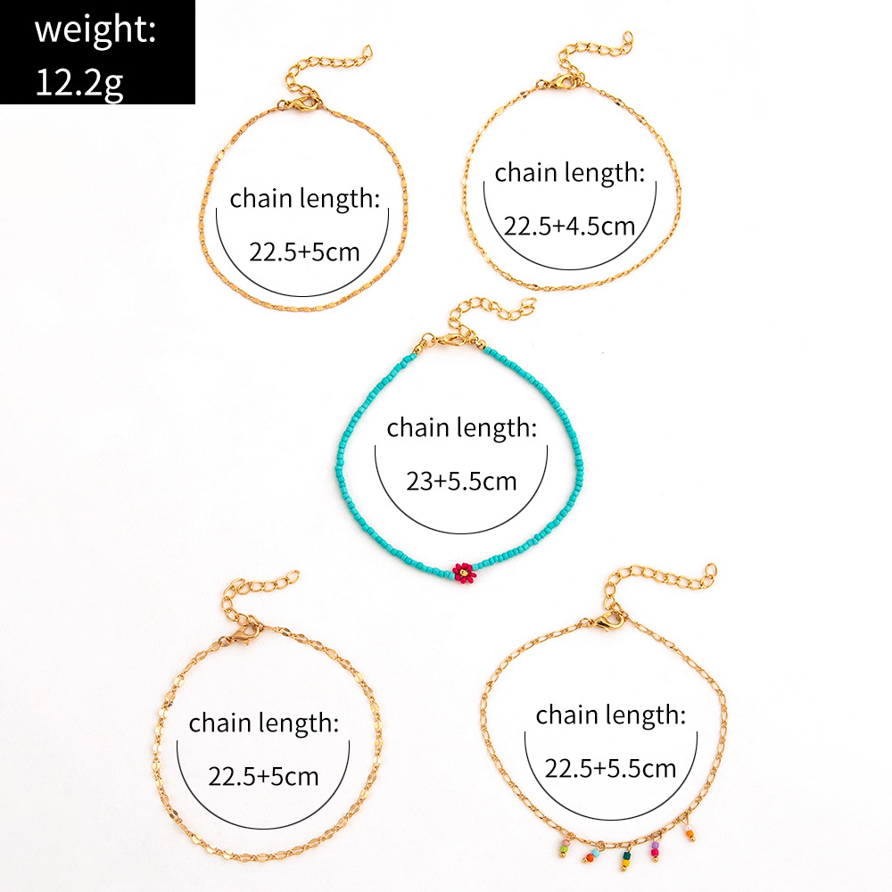 Europe And America Cross Border New Fashion Simple Color Bead Little Red Flower Trend Chain Anklet Foot Ornaments Five-piece Set display picture 7