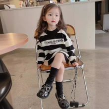 春秋装新款韩版女童卫衣长袖条纹字母印花套头长款儿童T恤潮
