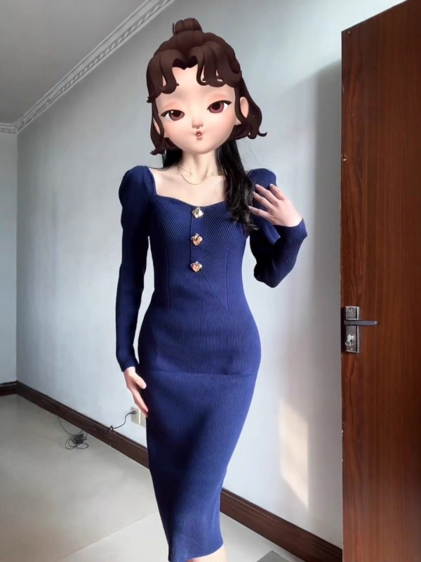 法式复古方领针织连衣裙女秋冬气质高级感方领毛衣裙打底修身长裙|undefined