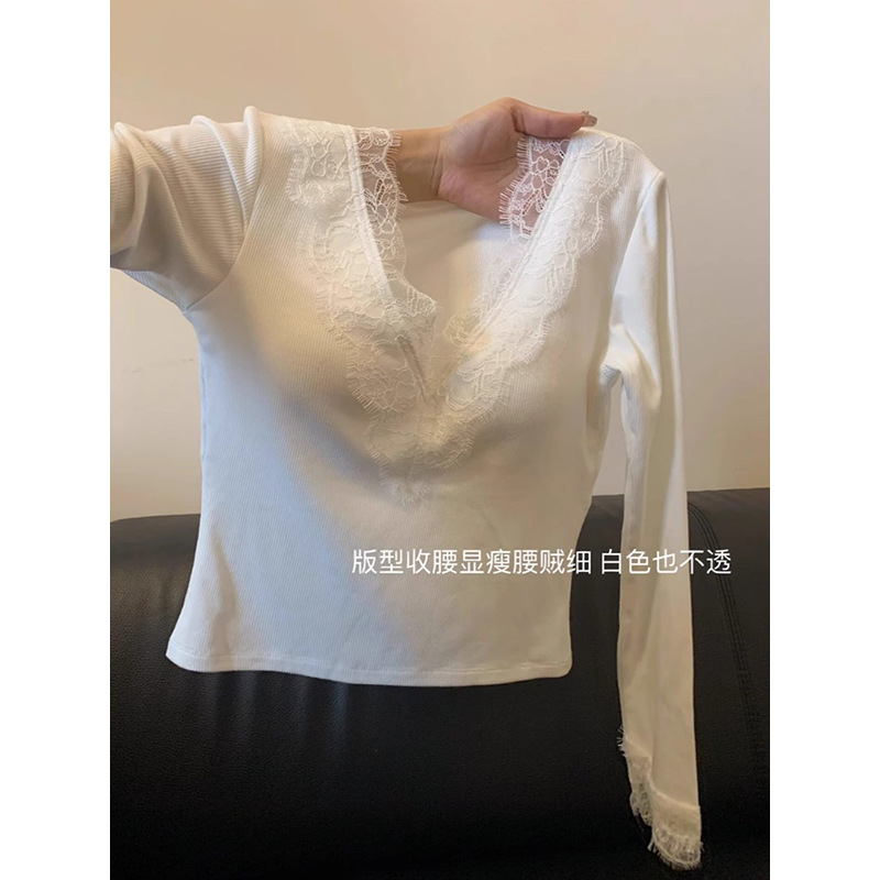 领蕾丝长袖打底衫女2025早春秋冬内搭正肩磨毛白色恤带胸垫上衣|undefined