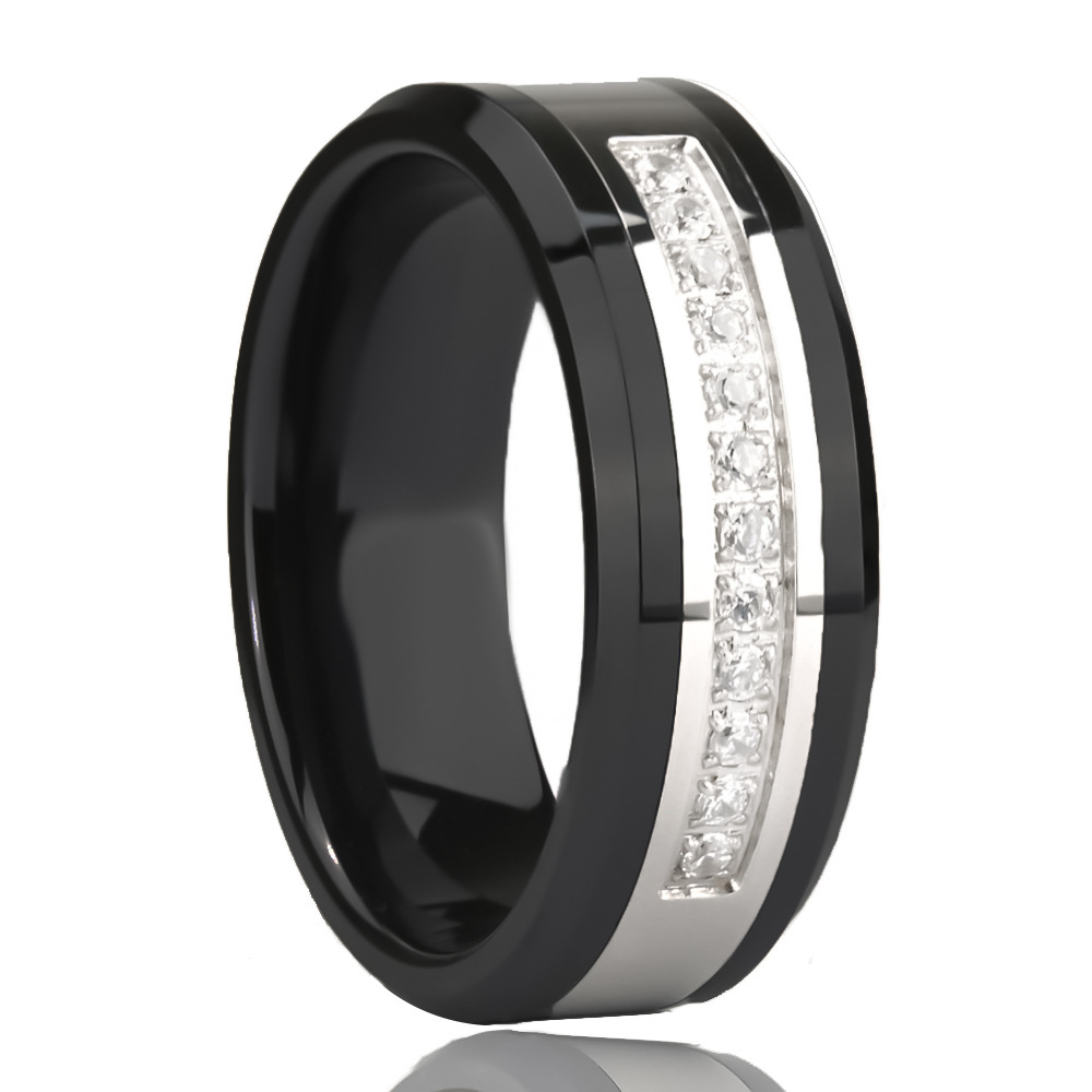 8 Wide Black Palladium Zirconia Ceramic Diamond Combination Ring Men's Ring Drop Shipping Cross-Border Hot Selling Model