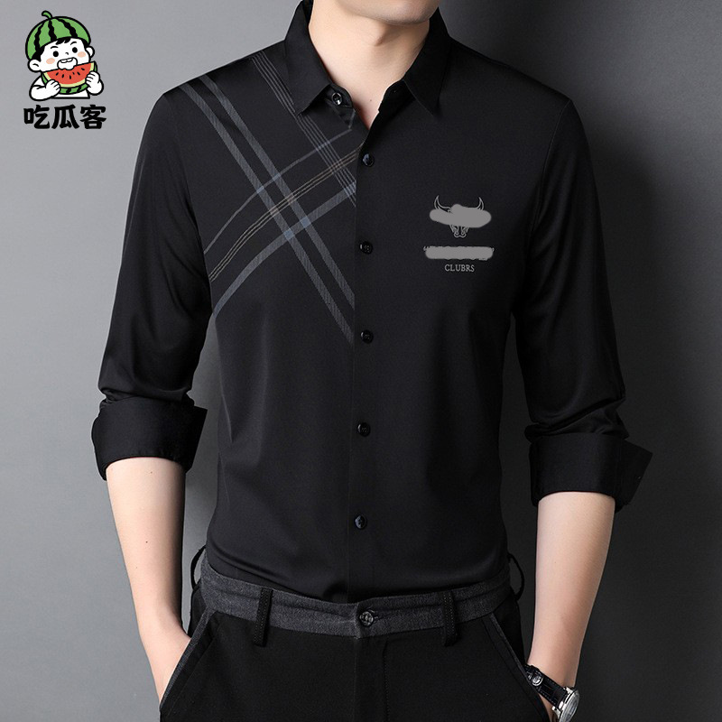 2023 Spring and Autumn Middle-aged Dad Fit Shirt Casual Business Printing Seamless Shirt Thin Shirt for Hair