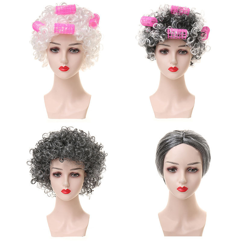 Halloween Cos Wig 100 Days of School Grandma Wig Gray Wife Curly Hair Grandpa Flower White Wig