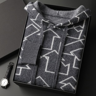 Autumn and Winter New Cashmere Color Matching Simple Casual Sweatshirt Men's Thickeneded Hooded Loose Jacquard Knitwear Knitwear