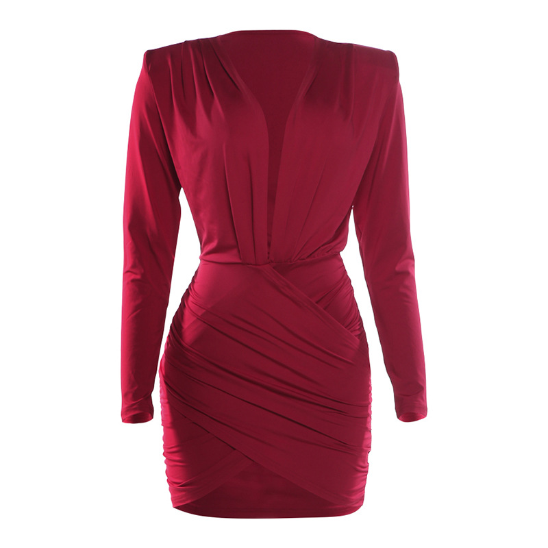 Women's V-Neck Long-Sleeve Pleated Solid Color Bodycon Dress