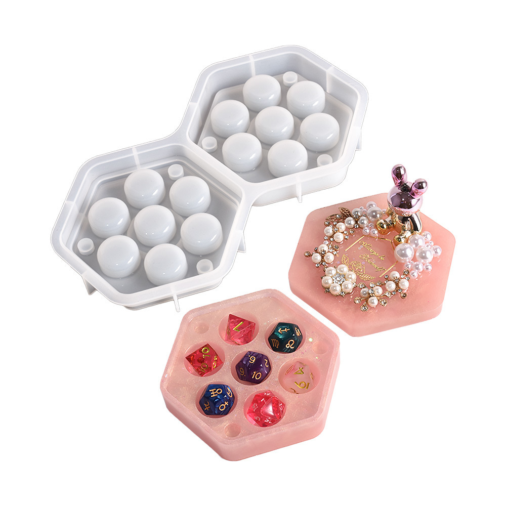 DIY poliédrico dados siete piezas conjunto juego de tablero de cristal epoxi dados hexagonales caja de almacenamiento de la joyería molde de silicona