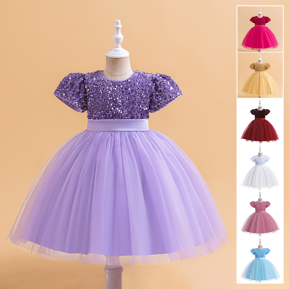 European and American New Girls' Sequins Puffy Princess Dress Children's Dress Puff Sleeve dress Show Dress