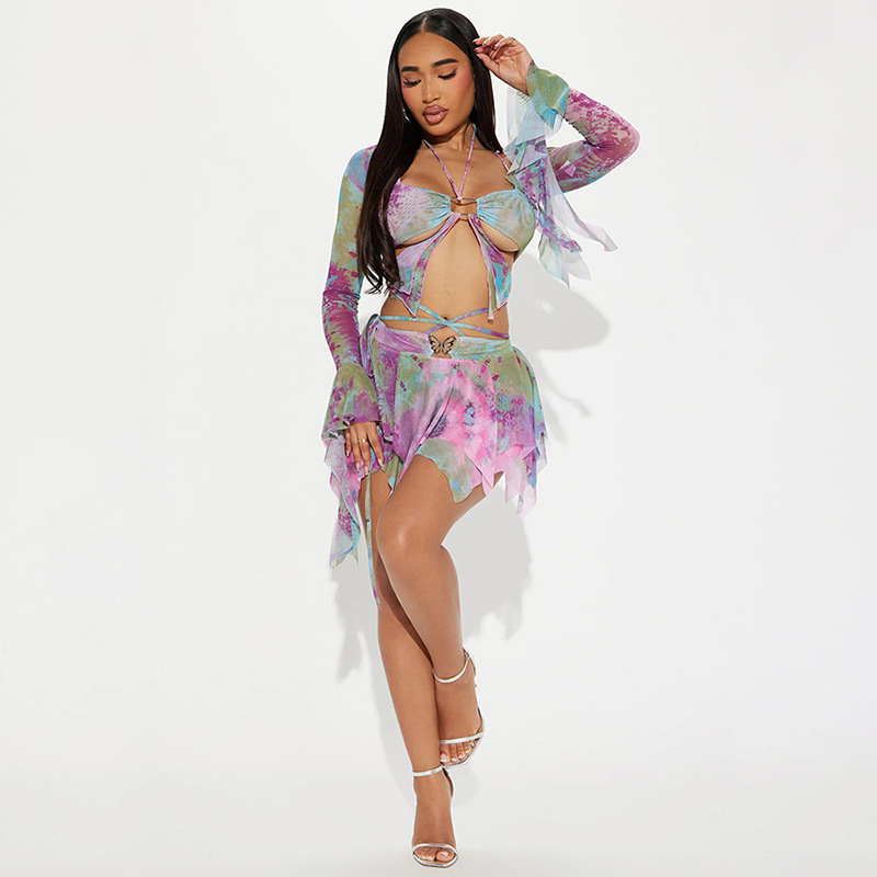 Modisches Damen Shorts Set Mit Schmetterlingsdruck Und Glockenärmeln_voghion.com