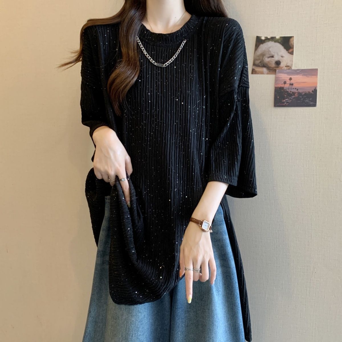 Camiseta de manga corta con cadena de lentejuelas de textura de gran tamaño para mujer verano nuevo estilo suelto y delgado top de longitud media para mujer