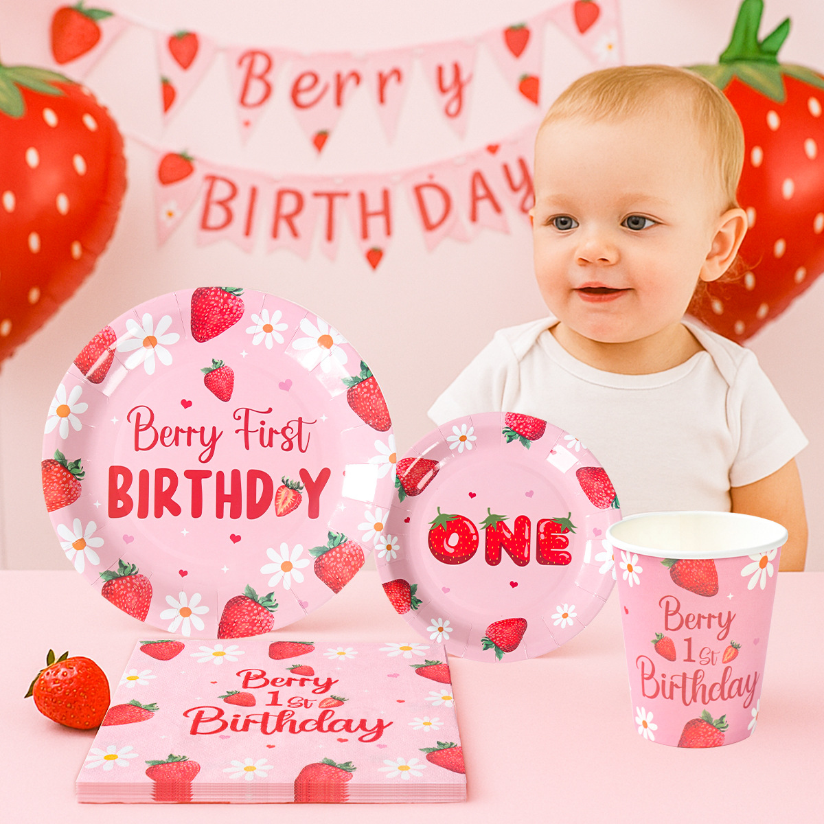 Fiesta temática de fresa chica rosa fruta cumpleaños vasos de papel desechables bandejas de papel cubiertos set decoración de mesa