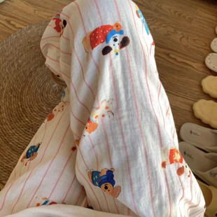 New! Cute Vertical Striped Dog Cotton Double-Layer Gauze Pajamas, Loose and Cute Cartoon Cotton Gauze Pants That Can Be Worn Outside