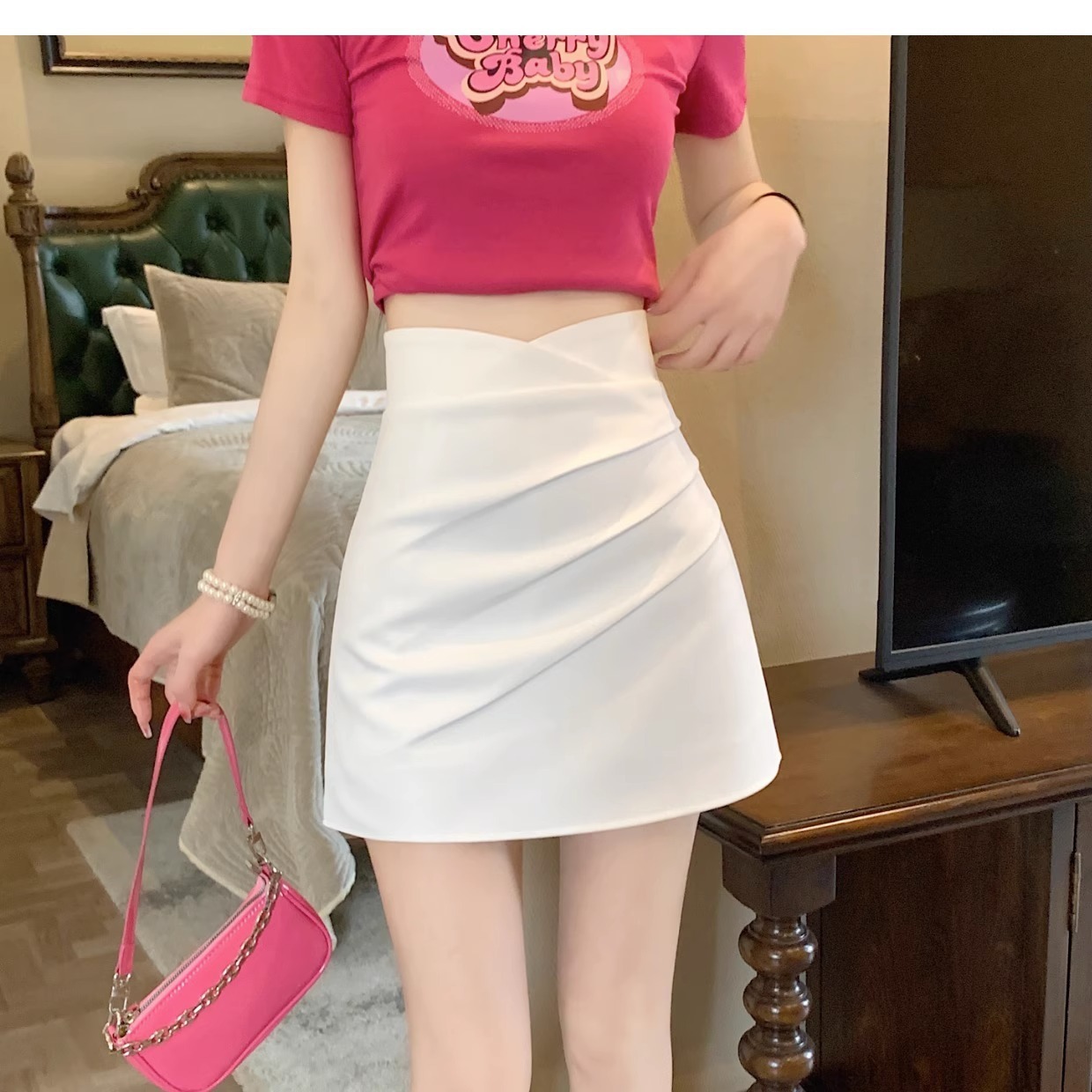 Summer 2023 new A- line skirt girls' Korean style versatile high waist slimming pleated suit skirt