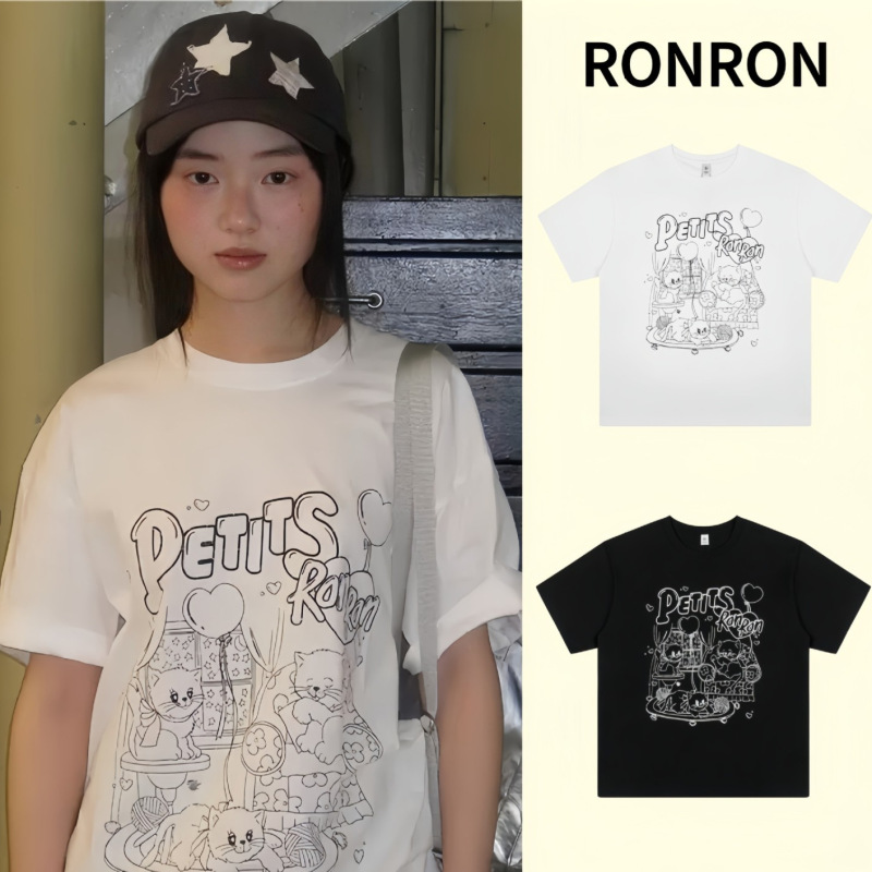 Korean Niche Fashion Brand Ronr*N Cute Cat Print Short-Sleeve Women's Korean-Style Loose Versatile Sweet Top T-Shirt