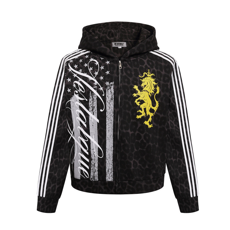 Magic Bear American light street retro vibe leopard print hooded sweatshirt high street trendy zip-up hoodie