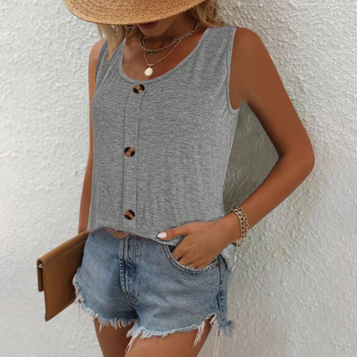 2024 European and American Cross-border Amazon Independent Station TEMU Summer New Round Neck Button Casual Solid Color Small Backless Top