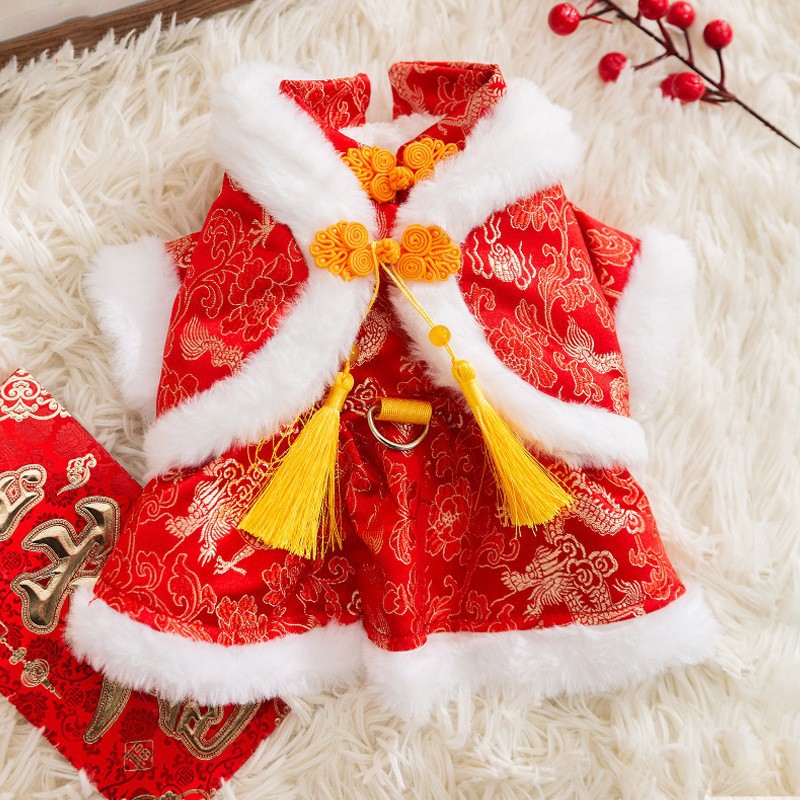 Año nuevo mascota Tang traje León danza pareja ropa de algodón acolchado ropa de Año Nuevo ropa de perro festivo gato dos pies ropa de perro caliente