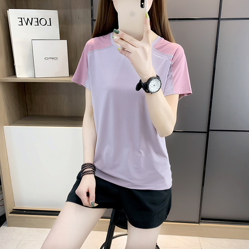 夏季女高弹透气圆领短袖套装时尚速干运动套装女团体中考体育